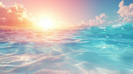3D conceptual sea or ocean water waves at sunset or sunrise backgroundの素材