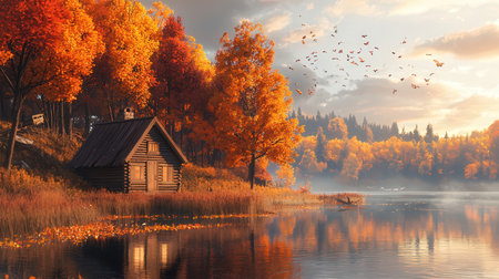 Autumn landscape. Wooden house on the bank of the lake.の素材