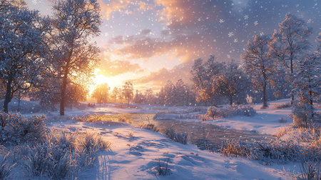 Winter landscape with snow covered trees and lake at sunset. 3d illustrationの素材