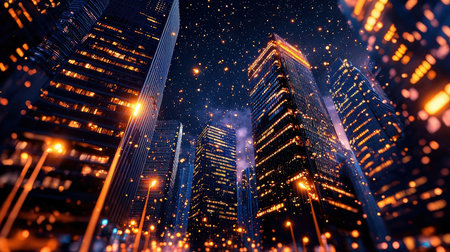 Night scene of modern skyscrapers. 3d rendering toned imageの素材