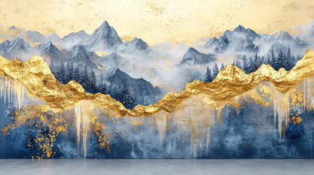 Abstract landscape with golden mountains and blue sky. 3D rendering.の素材