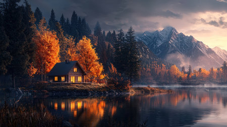 Autumn landscape with lake and house in the mountains at sunset.の素材