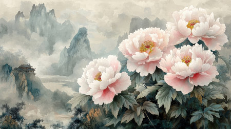 Peony flowers on a background of mountains. Watercolor painting.の素材