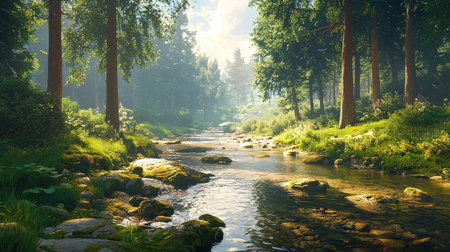 Beautiful summer landscape with a small river in the forest at sunriseの素材