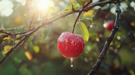 Ripe red apple on a branch with drops of water after rainの素材