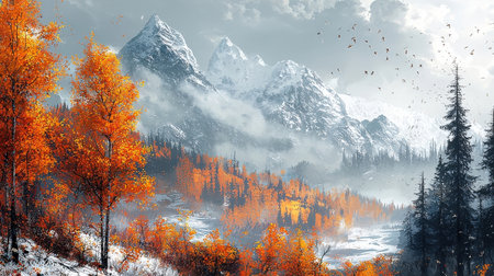 Landscape with autumn forest and snow covered mountains. Digital painting.の素材
