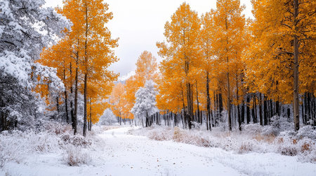 Beautiful winter landscape in the forest with yellow aspen trees.の素材