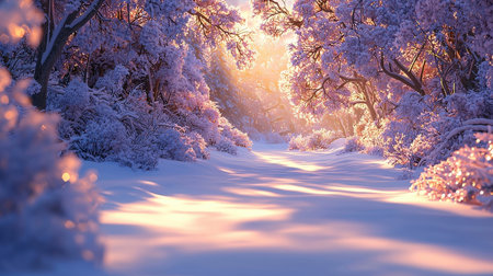 Beautiful winter forest in the rays of the setting sun. Winter landscape.の素材