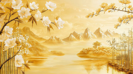 Beautiful spring landscape with blooming flowers and pagoda. Digital paintingの素材