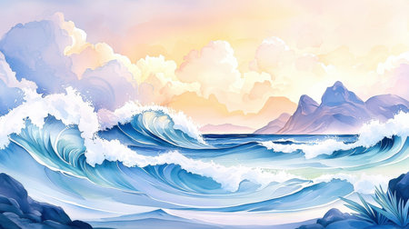 Beautiful sea landscape with mountains and blue sky. Digital painting.の素材
