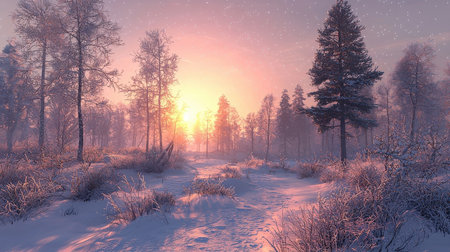 Winter landscape with snow covered trees and path at sunrise. 3d renderの素材