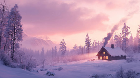 Winter landscape with a cottage and a smoking chimney in the mountainsの素材