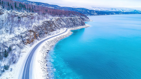 Aerial view of the road on the coast of Lake Baikal in winterの素材