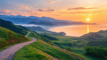Mountain road in the morning sunrise. Landscape with a road in the mountainsの素材