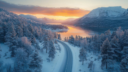 Beautiful winter landscape with a road in the mountains and lake.の素材