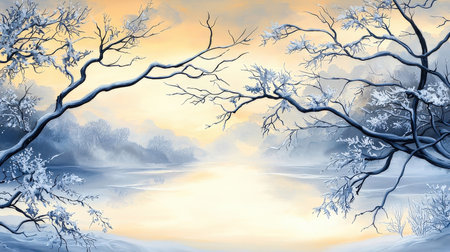 Winter landscape with trees and fog. 3d illustration. Winter background.の素材