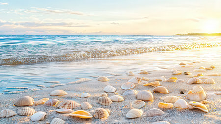 Sea shells on the beach at sunset. Beautiful seascape backgroundの素材
