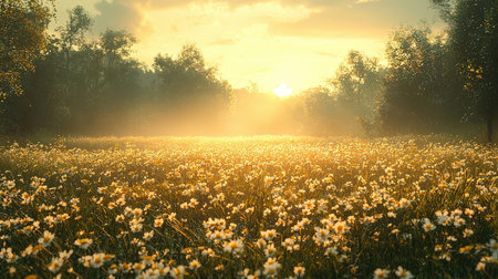 Sunset over a meadow with daffodils in summerの素材