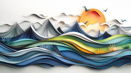 Paper art landscape with sun and seagull. Vector illustration.の素材