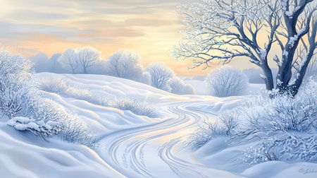 Winter landscape with snow covered trees and road at sunset. 3d renderingの素材