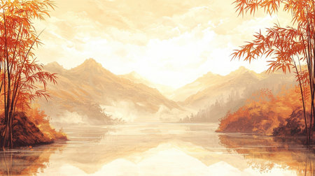 Beautiful landscape with lake and mountains in the background. Digital painting.の素材