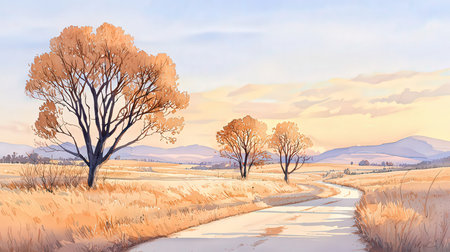 Beautiful autumn landscape with trees and road in the mountains. Digital painting.の素材