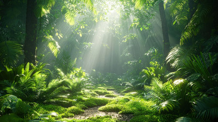 Sunlight in the tropical forest with green grass and fernsの素材