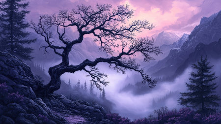 Fantasy landscape with a lonely tree in the foggy mountains.の素材