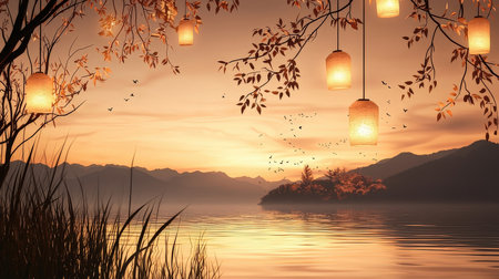Lanterns on the lake in the morning,3d renderの素材