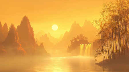 Foggy landscape with karst mountains and waterfall at sunriseの素材