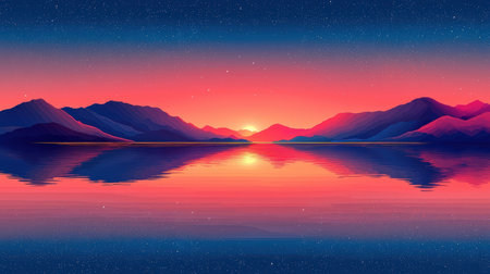 Illustration of a beautiful sunset over the mountains reflected in the waterの素材