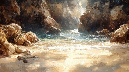 Beautiful seascape with rocks in the sea. Digital paintingの素材
