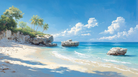 Tropical beach with palm trees and rocks. Seascape.の素材