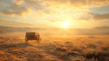 Old wooden cart in the meadow at sunset, 3d renderの素材