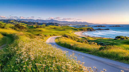 Sunset view of Pebble Beach golf course, Monterey, California, USAの素材