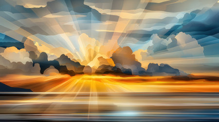 Sunset sky with clouds and sunbeams, vector illustration.の素材