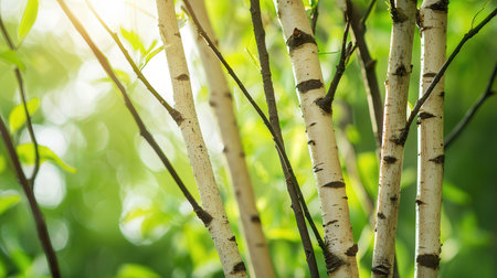 birch forest in sunlight in the morning. nature green wood sunlight backgroundsの素材