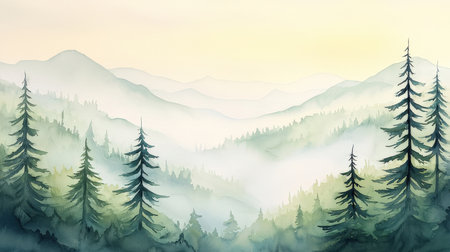 Foggy mountain landscape with coniferous forest. Digital paintingの素材