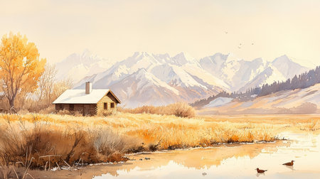 Mountain landscape with a wooden house in the foreground. Digital paintingの素材