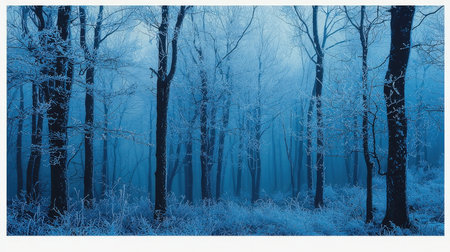 Winter forest with trees in the fog. Beautiful winter forest landscape.の素材