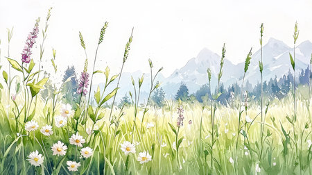 Digital painting of wildflowers in meadow with mountains in backgroundの素材