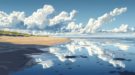 Beautiful seascape with blue sky and clouds. 3D renderingの素材