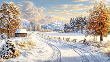 Winter rural landscape with road and wooden house in the mountains at sunsetの素材
