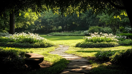 Pathway in the garden with white daffodils and grassの素材