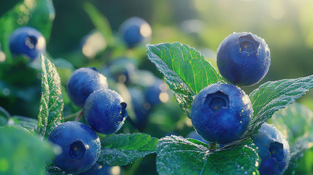 Ripe blueberries on a branch with green leaves in the gardenの素材