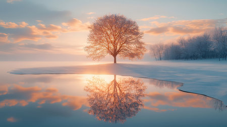 Beautiful winter landscape with lonely tree and reflection on water surface.の素材