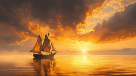 Sailing boat in the sea at sunset. 3d render illustrationの素材