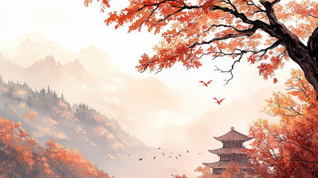 Autumn landscape with maple trees and pagoda, vector illustration.の素材