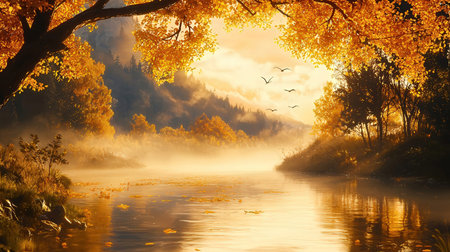 Beautiful autumn landscape with foggy river and yellow trees at sunriseの素材