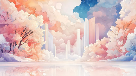 City landscape background with trees and skyscrapers in clouds. Vector illustration.の素材